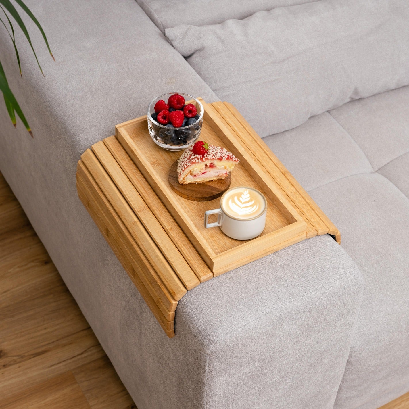 Bamboo Sofa Arm Tray – Foldable Sofa Armrest Tray for Snacks, Drinks, Remotes | Bamboo Couch Tray Table for Recliners, Sectional & Wide Arm Sofas
