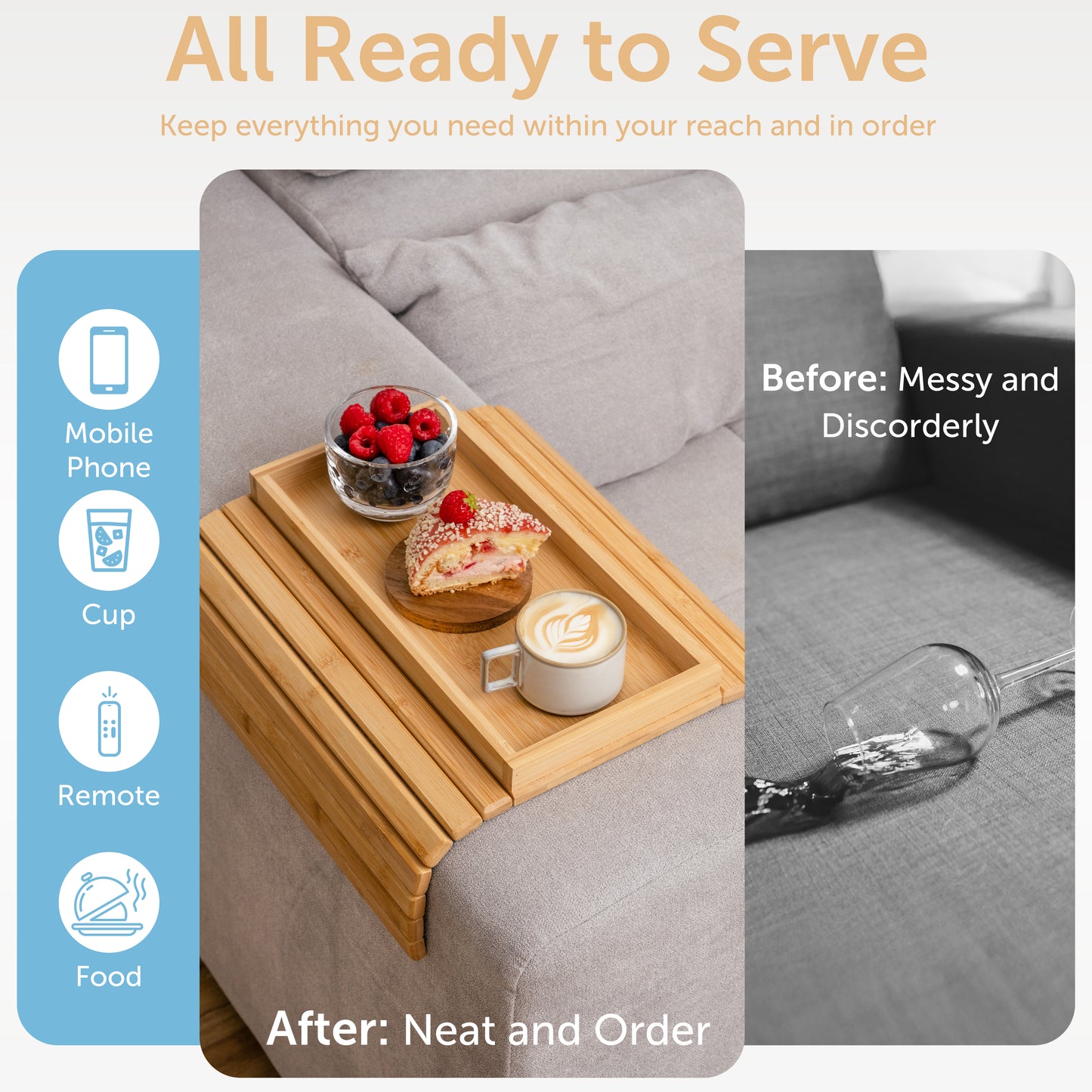 Bamboo Sofa Arm Tray – Foldable Sofa Armrest Tray for Snacks, Drinks, Remotes | Bamboo Couch Tray Table for Recliners, Sectional & Wide Arm Sofas