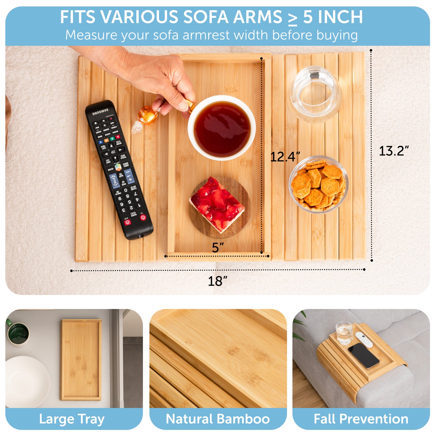 Bamboo Sofa Arm Tray – Foldable Sofa Armrest Tray for Snacks, Drinks, Remotes | Bamboo Couch Tray Table for Recliners, Sectional & Wide Arm Sofas